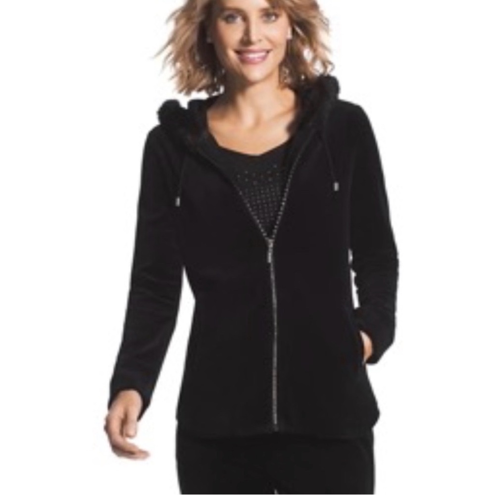 Chico’s Zenergy black velvet velour faux‎ fur hood jacket size 2 US large